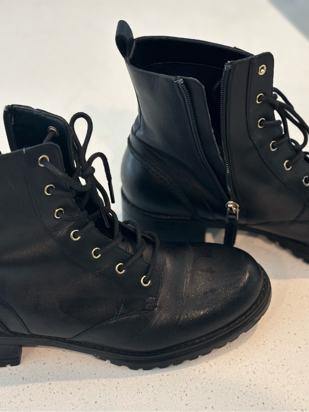 Women's Black Lace-Up Combat Boots with Side Zip